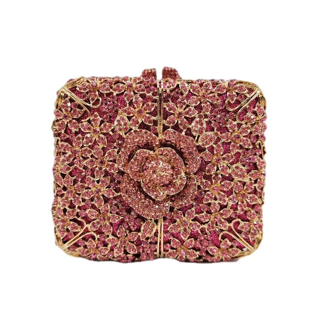 4351 Elegant Floral Evening Bag Rhinestone Clutch Rose Flower Handbag